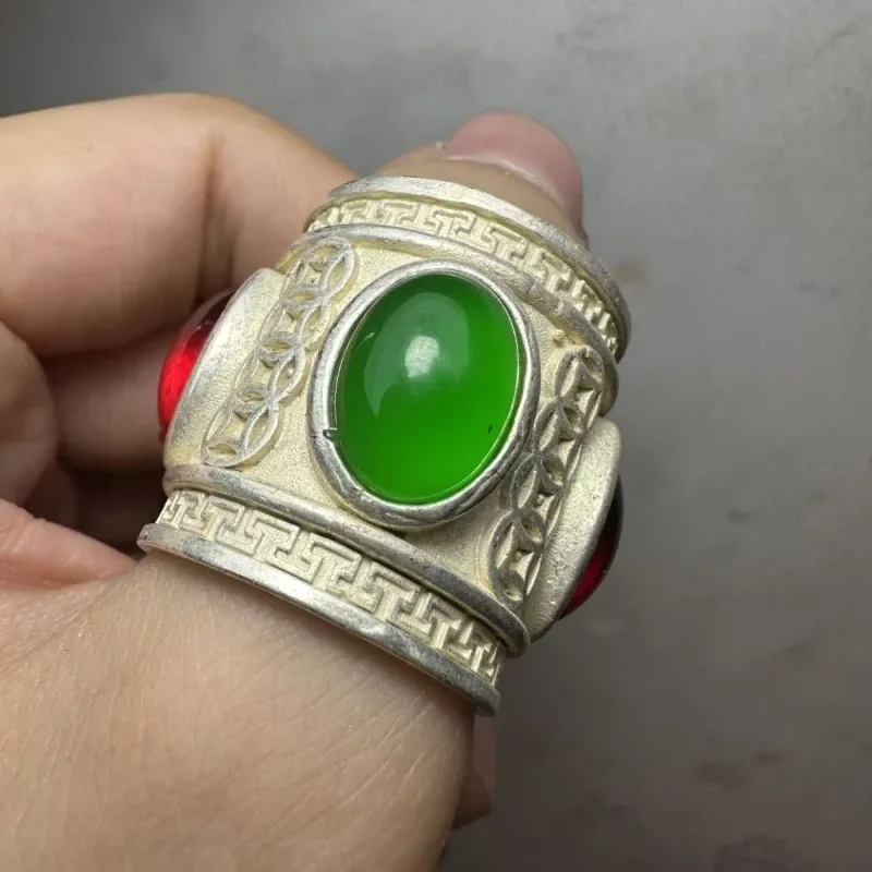 الصين القديمة الفضة التبتية مطعمة خمر الأحجار الكريمة الحمراء الشعبية مخصص خاتم الرجال غرامة الأزياء والمجوهرات هدية