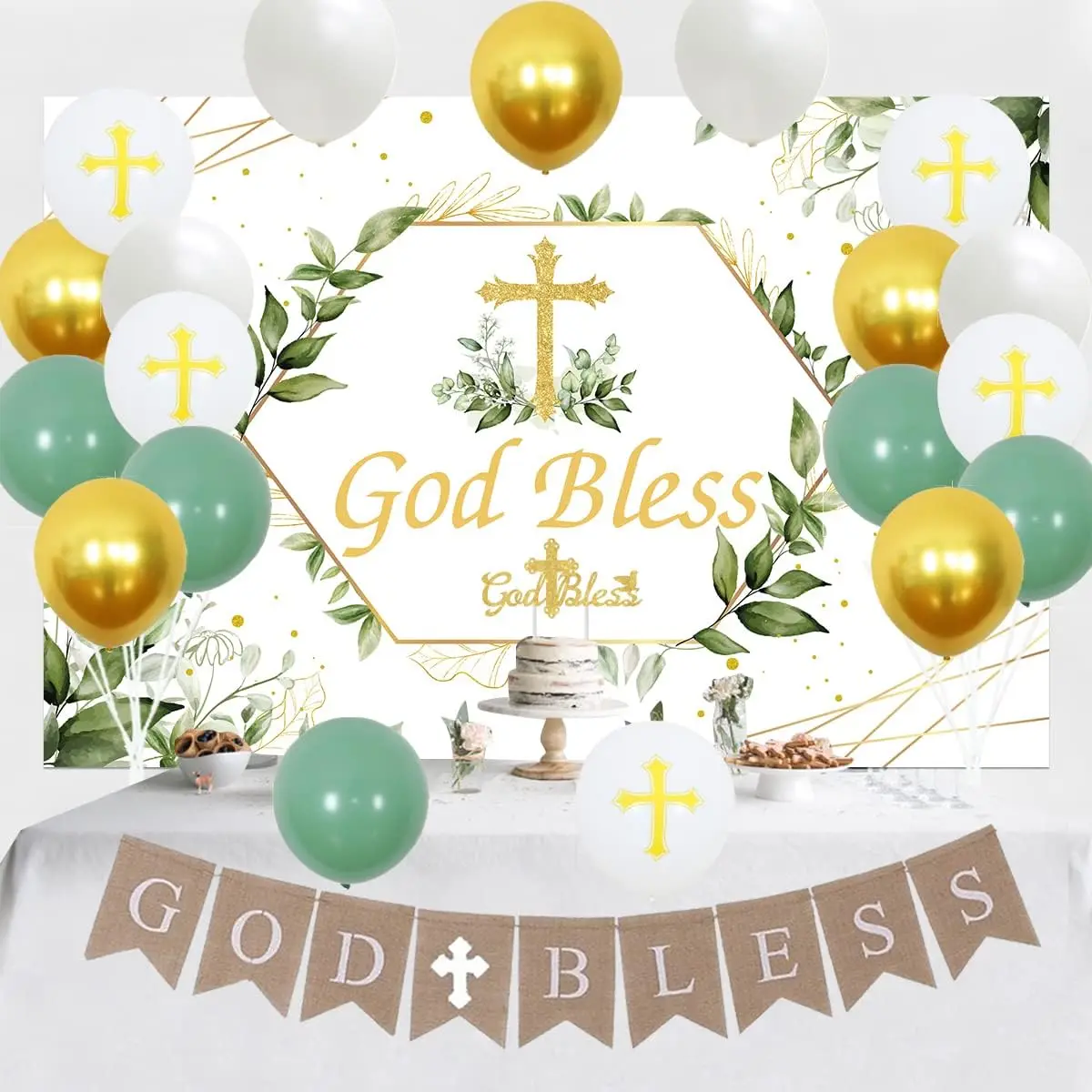

Декор для вечеринки в честь первого причастия, зеленый и белый, украшения God Bless с фоном, баннер для крещения