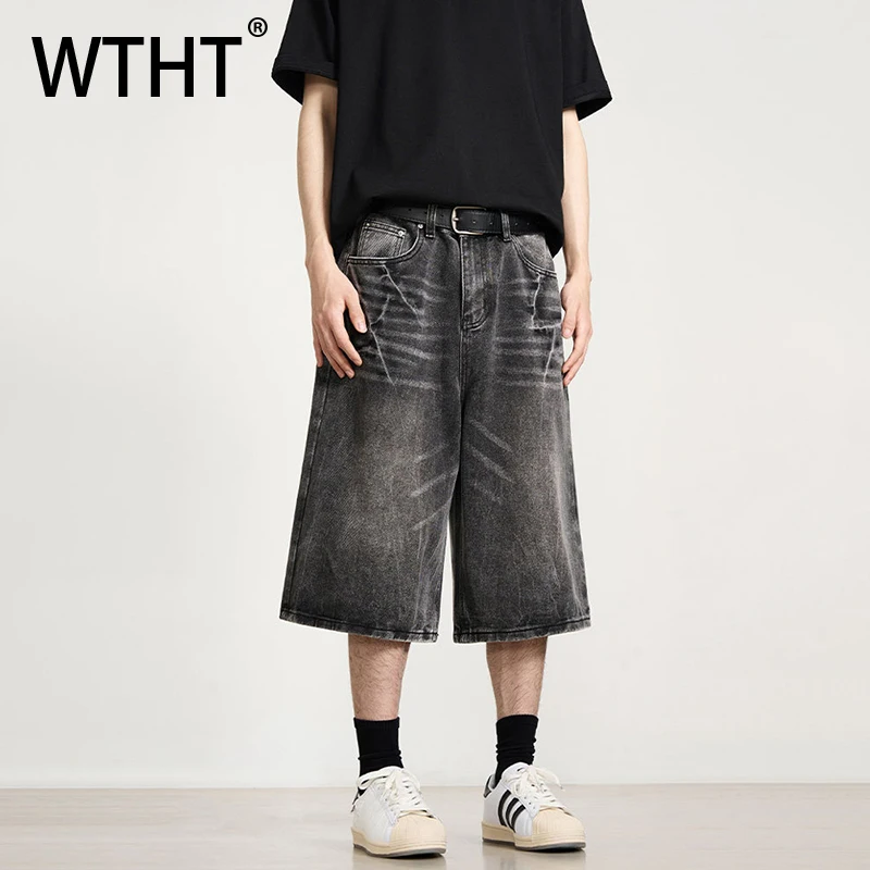 

WTHT Fashion Men's Wash Do Old Loose High Street Denim Short Pants Vintage American Style Straight Short Male 2026 Summer 2A2969