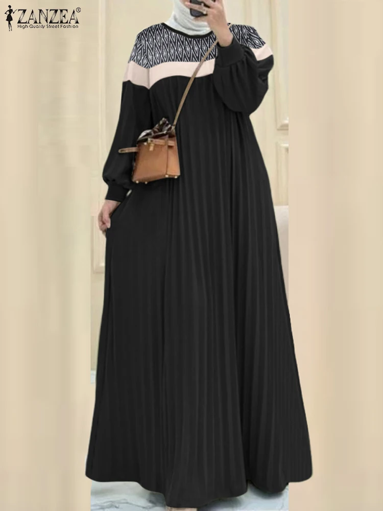 Muslim Hijab Dresses Turkey Abaya ZANZEA Autumn Long Sleeve IsIamic Robe Kaftan 2025 Women Pleated Maxi Dresses Patchwork Dress