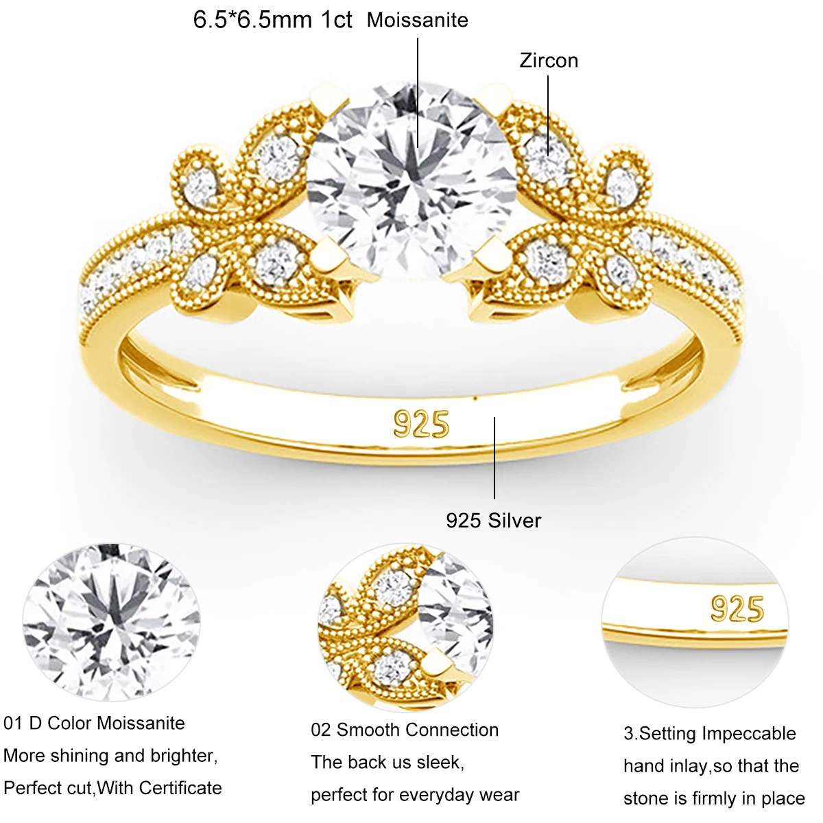 Imagem -03 - Kirin Palace 1ct Moissanite Anel para Mulher Sólido 750 18k 14k 10k Amarelo Branco Ouro Redondo Corte d Vvs1 Anel para Casamento de Noivado