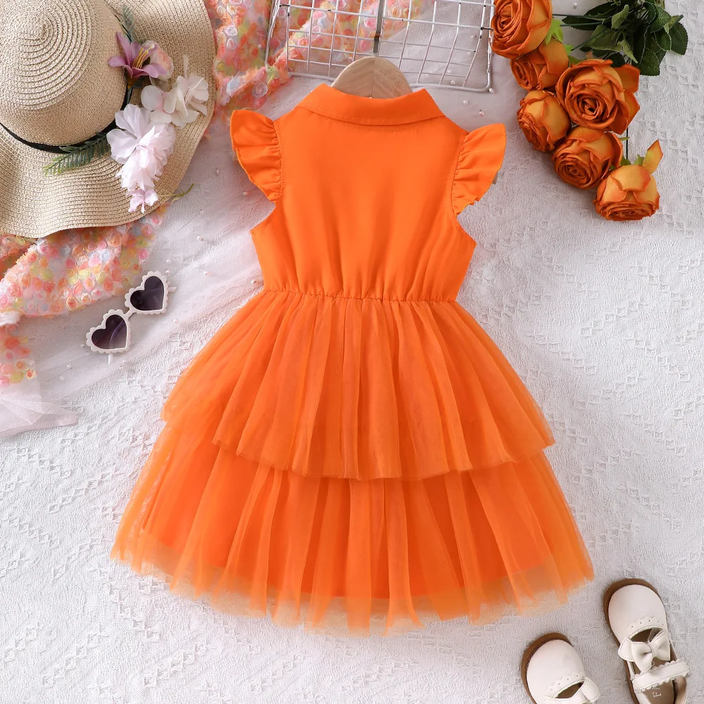 New Spring & Summer Toddler Orange Sleeveless Dress - Blazer Collar with Flutter Sleeves + Double-Layer Mesh Skirt, Playful & El