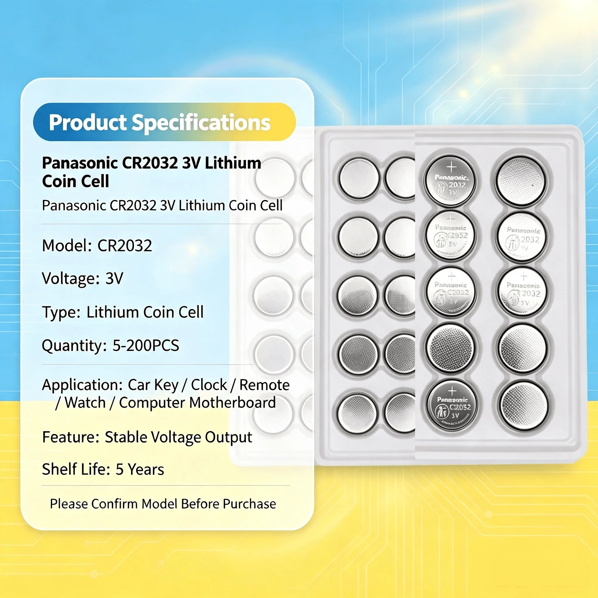 Panasonic CR2032 3V Lithium Coin Cell Battery For Car Key Clock Remote Watch Computer Motherboard Electronic Devices
