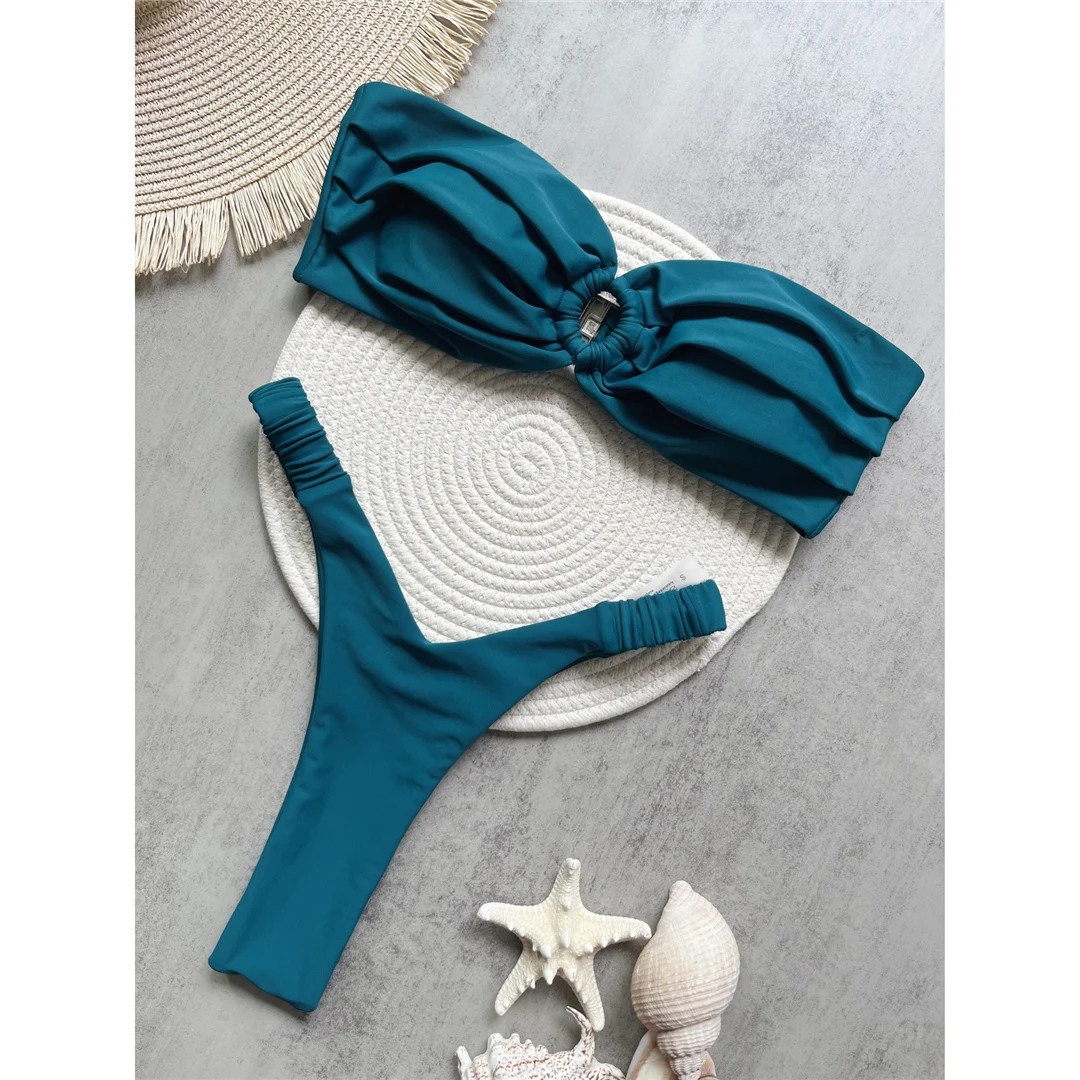 Gefalteter Bandeau-Bikini mit hohem Beinausschnitt, Mini-Tanga, Damen-Badeanzug, zweiteiliges Bikini-Set, Badebekleidung, Badeanzug, Schwimmbekleidung V6085 – Detail 14