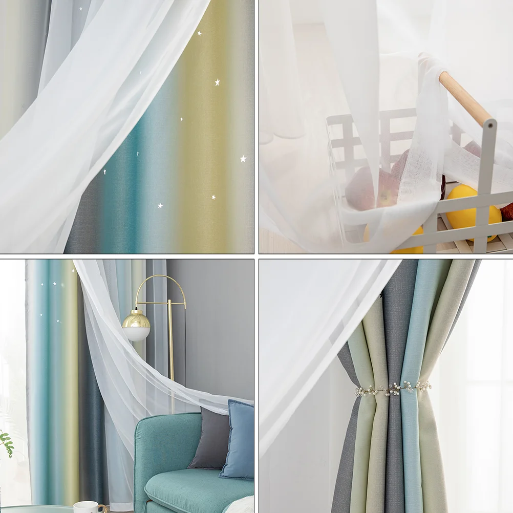 2 Pcs Gradient Hollow Star Double-layer Full Blackout Bedroom Living Thermal Insulation Curtains Drapes Window Home Shading