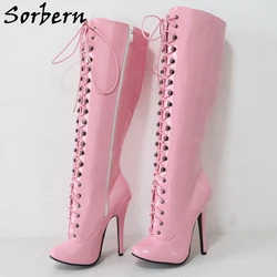 Sorbern Pink Shiny Burlesque High Heels Boots Women Retro Fetish Stilettos Cute Round Toe Lace Up Sissy Boy Hard Shaft Custom