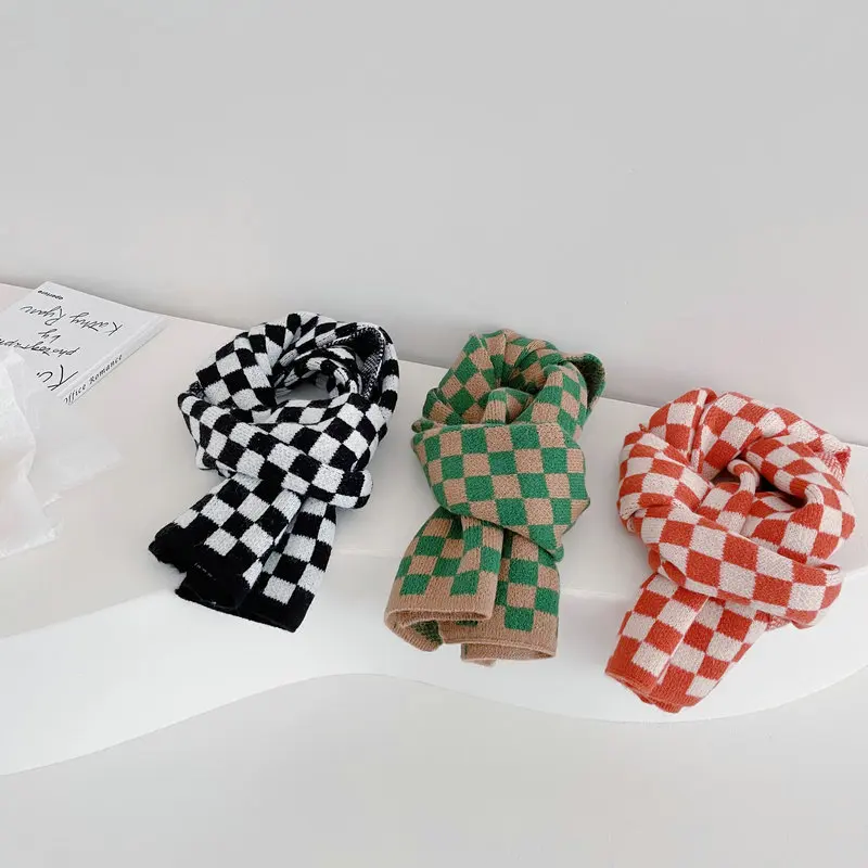 2026 Autumn Winter New Unisex Children Plaid Scarves Knitted Soft Korean Style Shawl Warm Baby Kids Neckerchief
