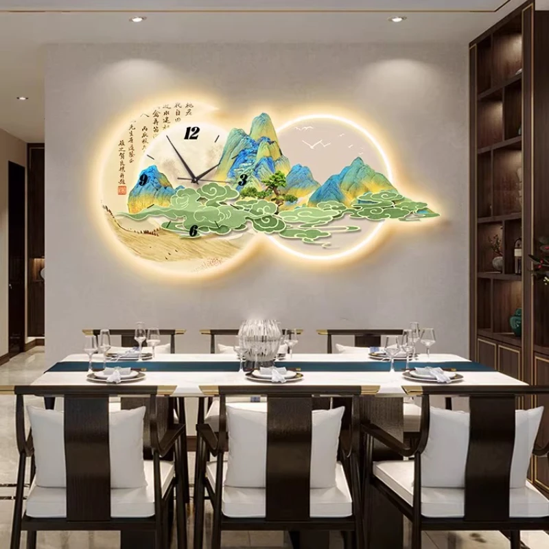 

Living Room Landscape Decorative Painting Wall Clock Bedroom Background Wall Silent Clock Restaurant Wall Clock LED Mural Lamp