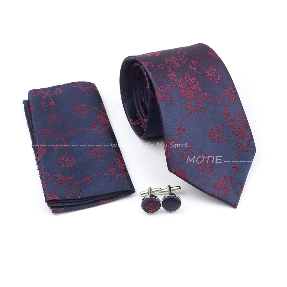 Neue braune rote Blumen Polyester Krawatte Set grau gestreiften Taschentuch Manschetten knopf für Gruppe Party Büro Business Shirt Anzug Dekoration