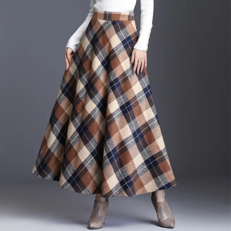 

Autumn Winter Blend Thick Plaid A-line Maxi Long Pleated Skirts Green Red Tartan Wool Skirts
