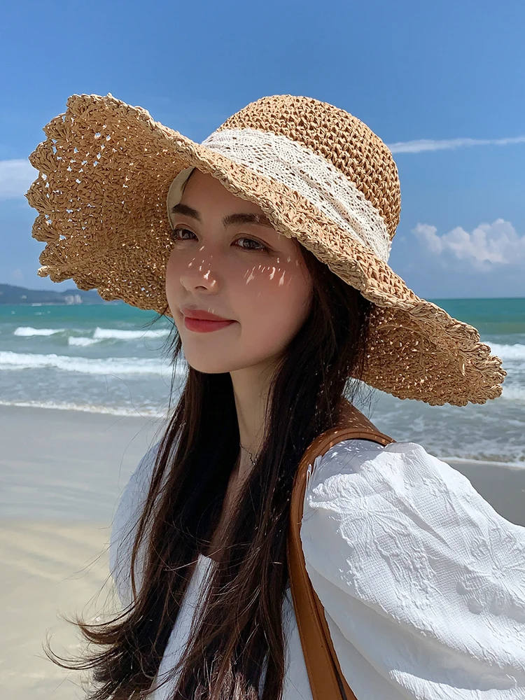 2022 Women\'s Summer Bucket Folding Lace Bow Straw Hat Panamas UV Protection Sun Visor COOL Seaside Beach Hat Tide Summer Hats