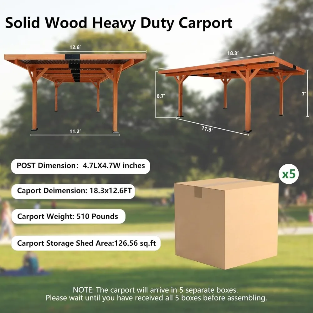 18.3 x 12.6 x 7-foot heavy-duty wooden carport pavilion with hardtop steel roof, parking terrace pavilion