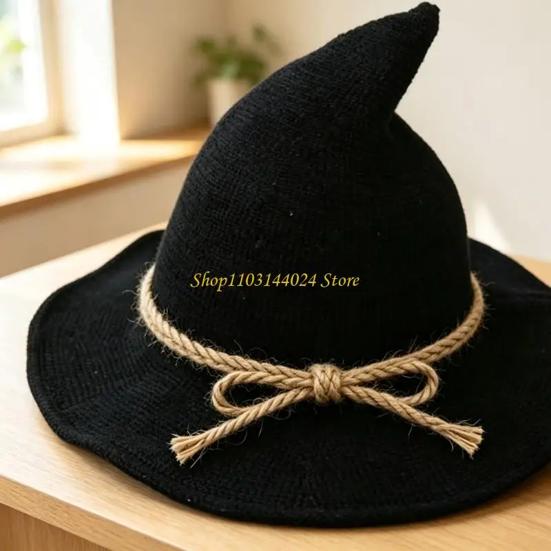 N5KE Halloween Witch Costume Hat with a Tall Pointed Profile, Waved and Decorative Rope Accent for Costume Parties