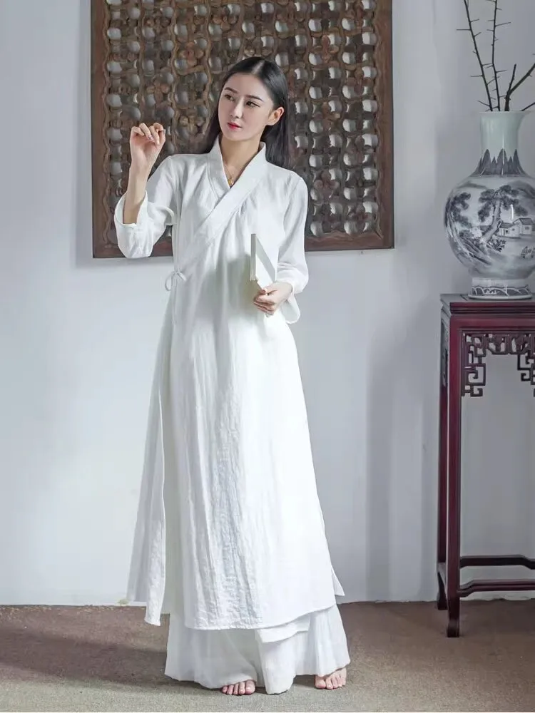 

Healing New Chinese Style Women's Cotton Linen Dress Dao Pao Set White Zen Clothing Hanfu Tea Ceremony Summer Outfit