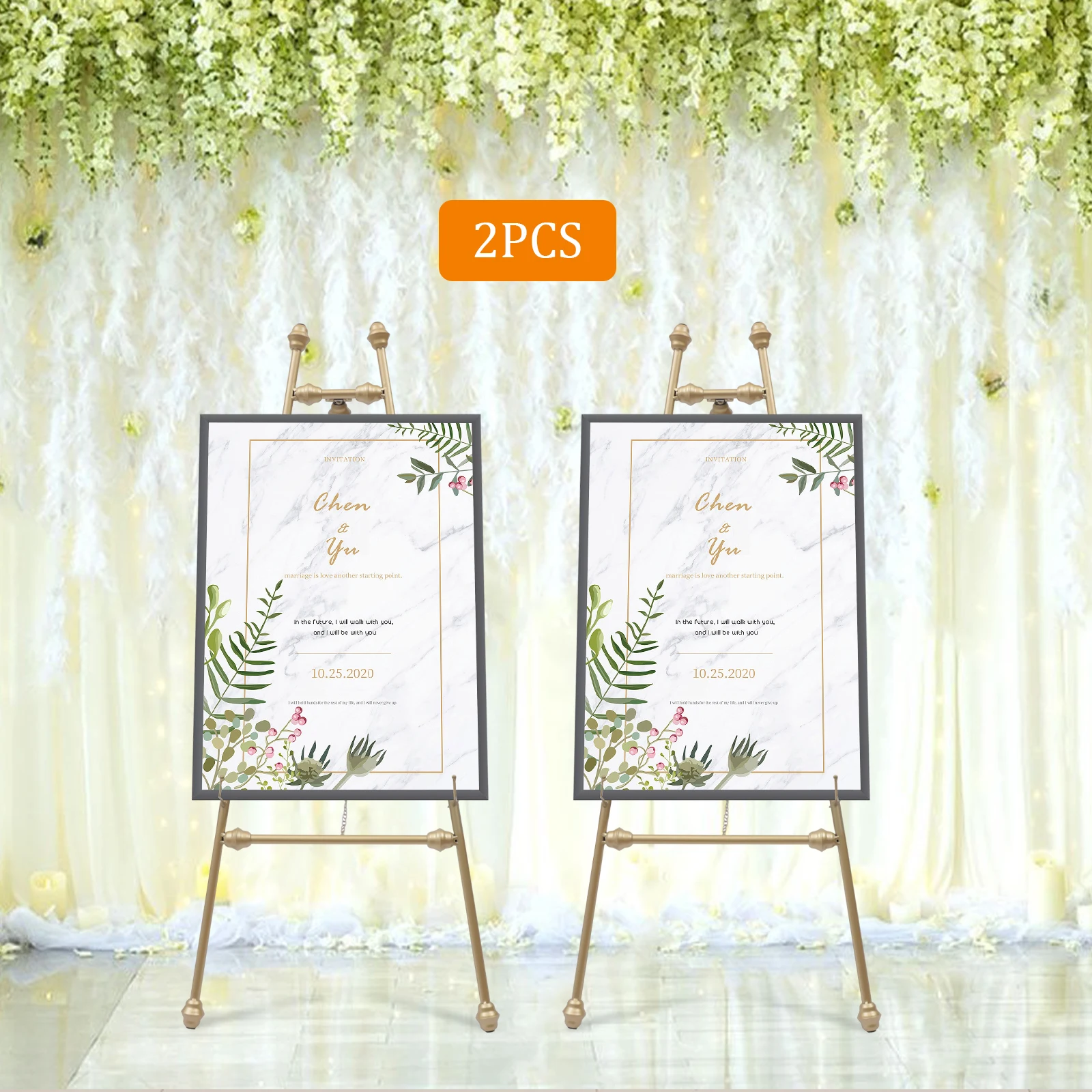 2Pcs Easel Stand for Wedding Welcome Sign & Poster, Floor Rack Adjustable Inclination Metal with Fixed Hook Anti-Slip Foot Pads