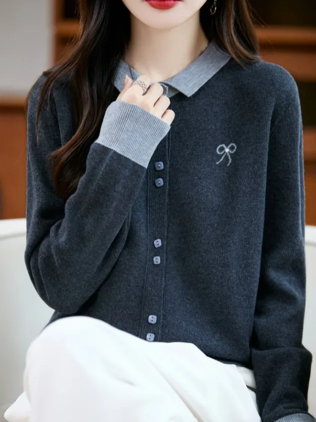 

Ele Embroidered Knot Ne Knitted Open Cardigan Women's Autumn Faion Soft Contrast Color Knitwear