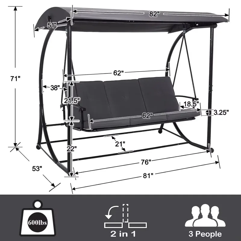 Modern Patio Swing with Adjustable Canopy, 2 in 1 Porch Swing Bed with Removable Cushion, Outdoor Swing Bench, Customized