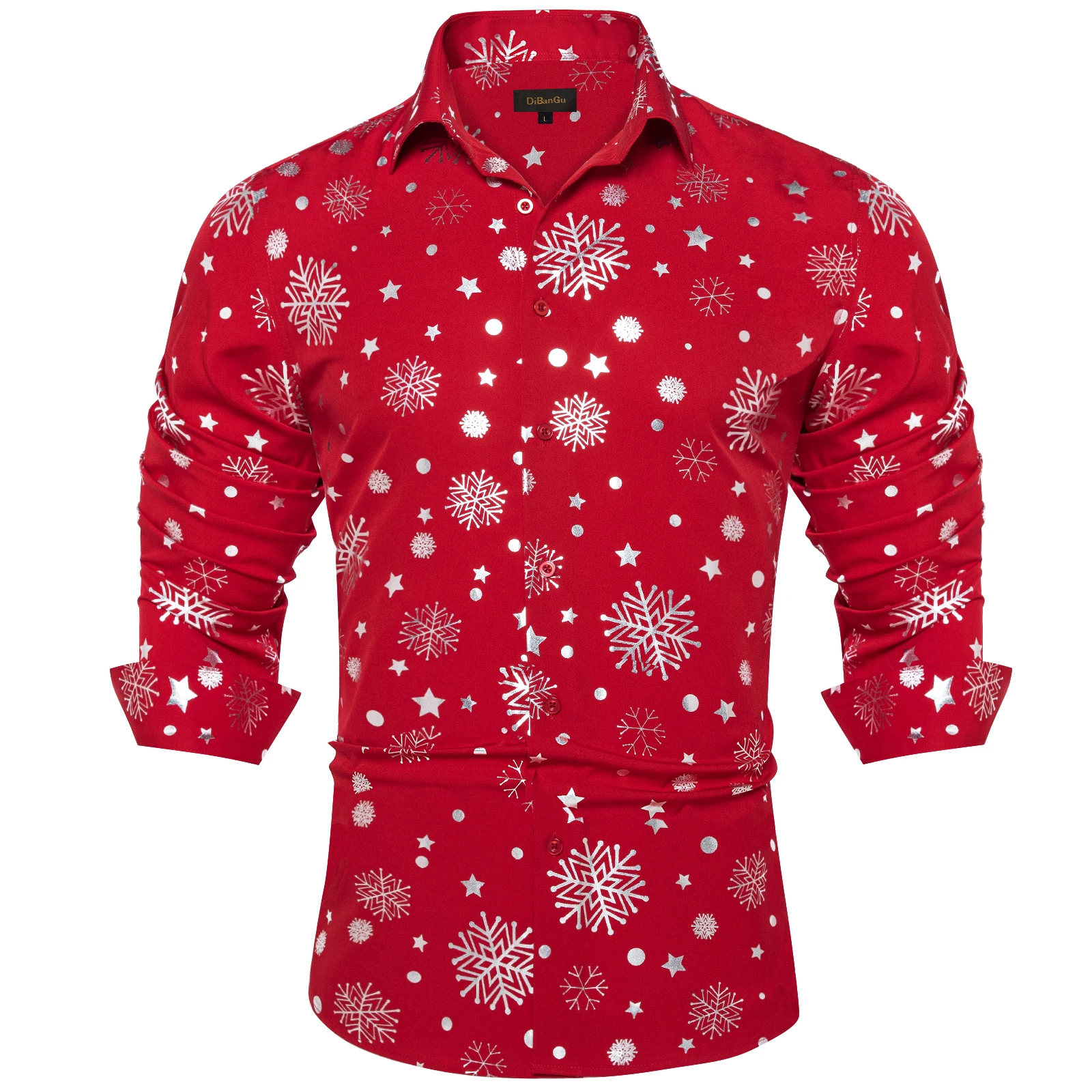 Christmas Men's Shirts Party Men Women Clothing Red Long Sleeve Button Down Collar Shirts Blouse With Silver Snowflake Patterned