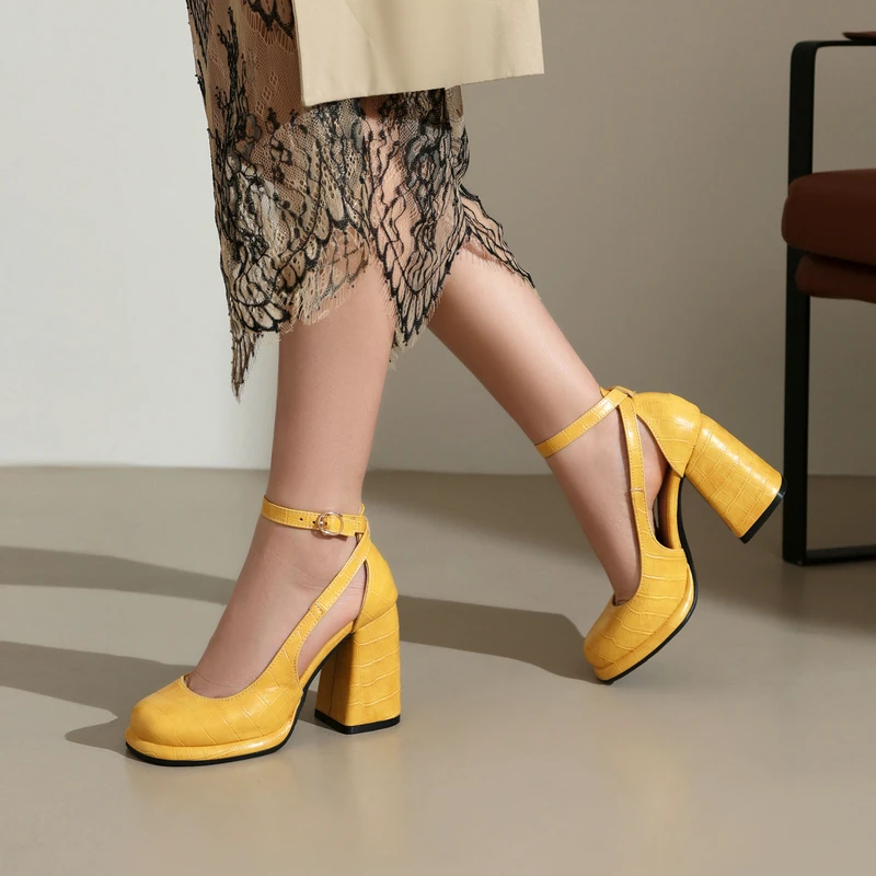 Bright Yellow Red Side Hallow Women Pumps Summer Mary Janes Shoes Closed Toe Chunky High Heels Platform Sexy Mature Sandals