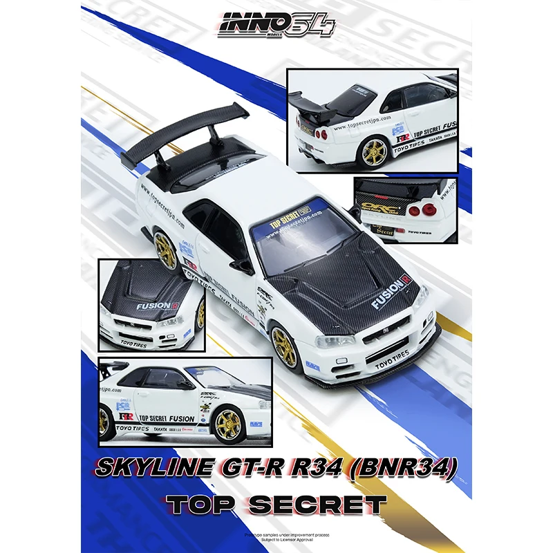 Prevendita INNO 1:64 TOP SECRET R34 GTR Bianco Diecast Diorama Collezione di modelli di auto Giocattoli in miniatura