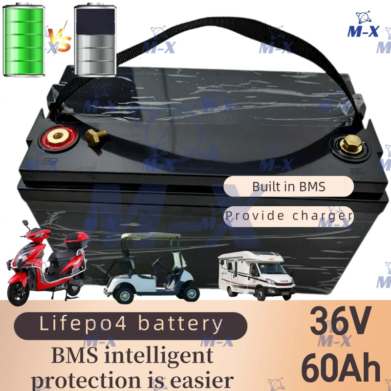

waterproof 36V 60AH Lifepo4 battery with BMS for 3000w 1500W scooter bike Tricycle Solar backup power golf cart +10A charger