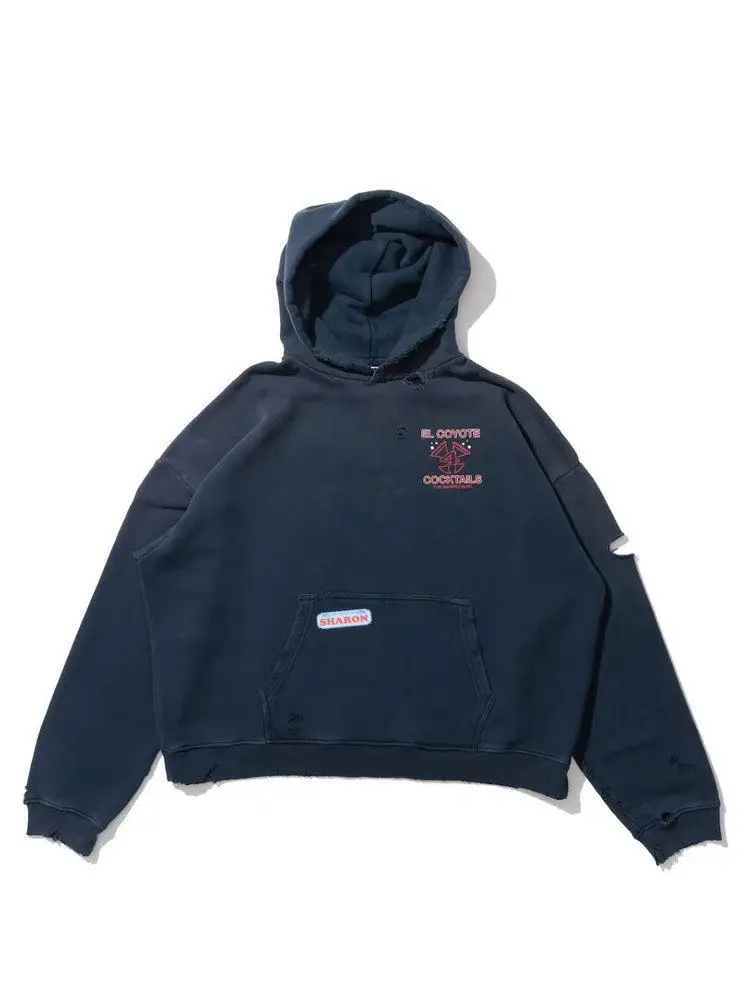 Paly hollywood 25fw black portrait washed destruction hoodie