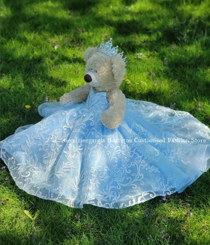 Sky Blue Mini Quinceanera Teddy Bear Gowns Elegant Sheath Tulle Beaded Appliquéd Vestidos de quinceañera Gowns Customised