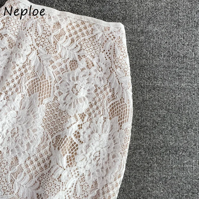 Neploe Lace Hook Flower Hollow Skirt Sets Camisole Vest Super Tops + High Waist Hip Slim A-line Skirts Women Two Piece Suits