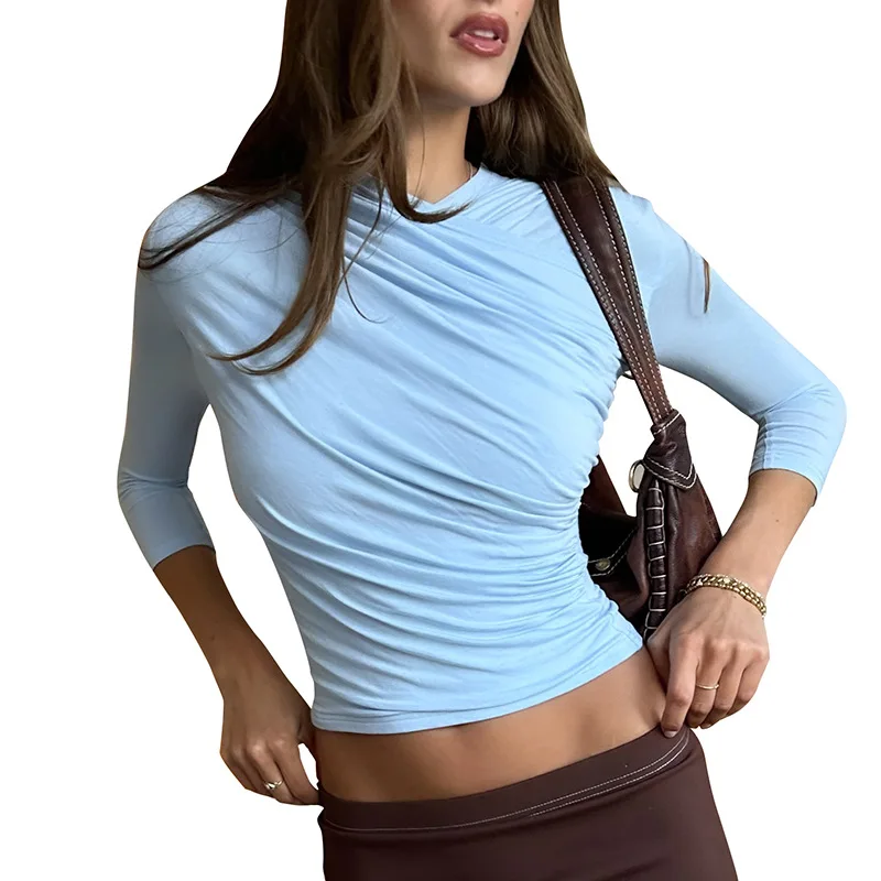 Talenza Damen Sexy Bodycon Tops Sommer Mode Plissierte Twist-T-Shirts Lässige Pendler-Streetwear Elegante Damen-Oberteile