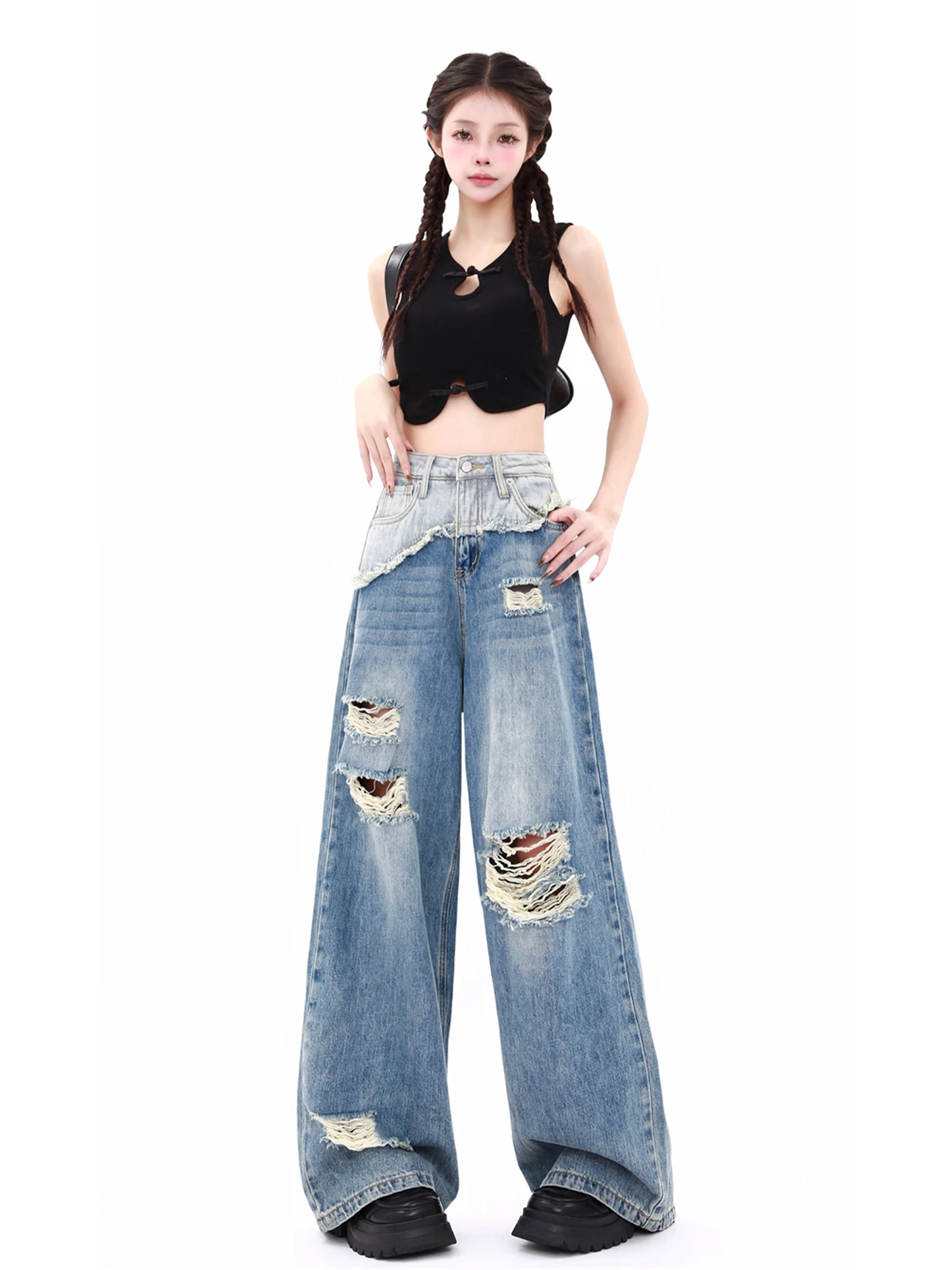 Women's Y2k Baggy Ripped Jeans Harajuku Vintage Denim Trousers Japanese 2000s Style Patchwork Jeans Long Pants Oversize Clothes
