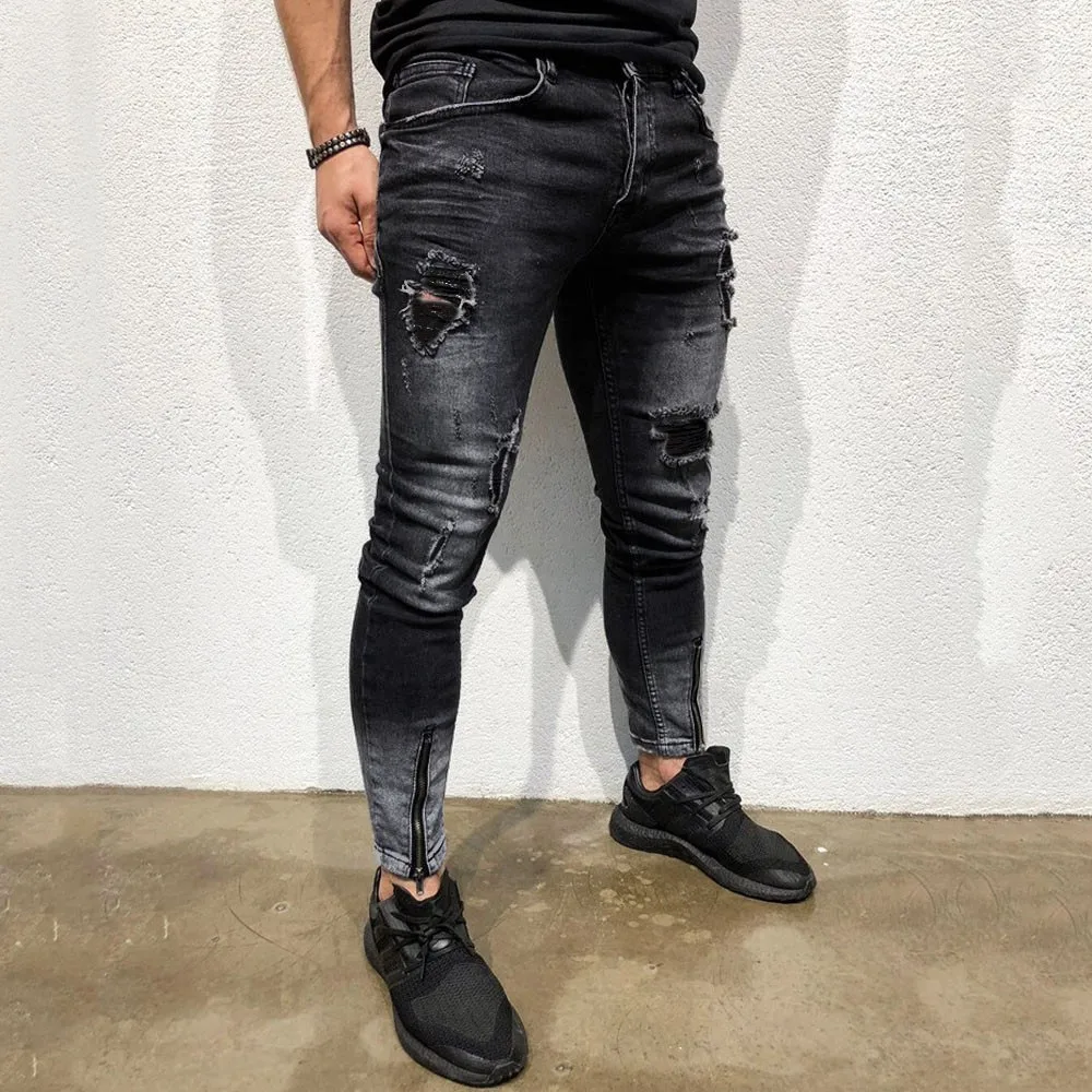 

Male Stretchy Ripped Tight Fitting Jeans Destroyed Hole Slim Fit Men's Denim Pants High Quality Hip Hop Skinny Trousers