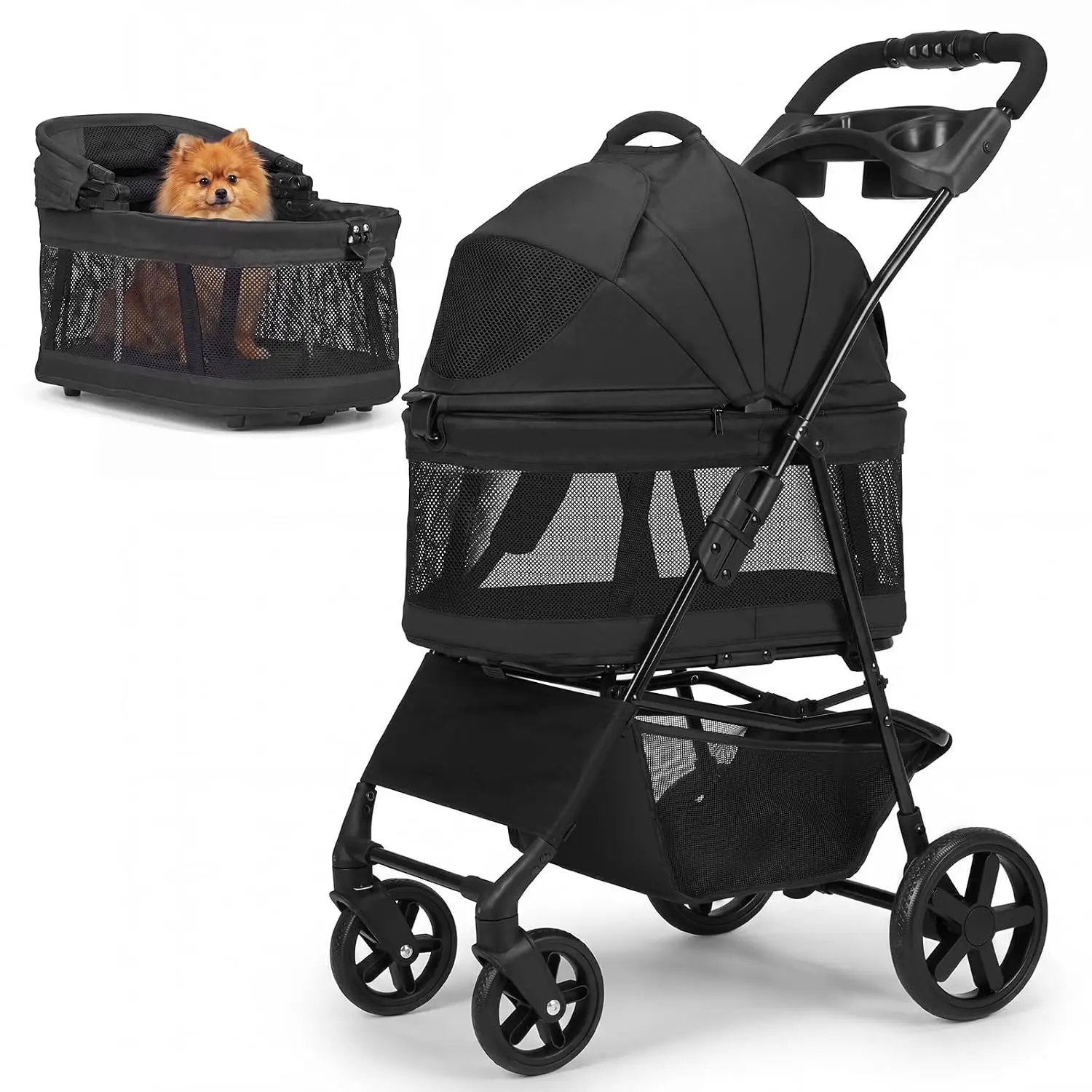 Dog Stroller for Small Dogs - 3 in 1 Pet Stroller with Detachable Pet Carrier, with One-Click Folding and Omnidirectional Steeri