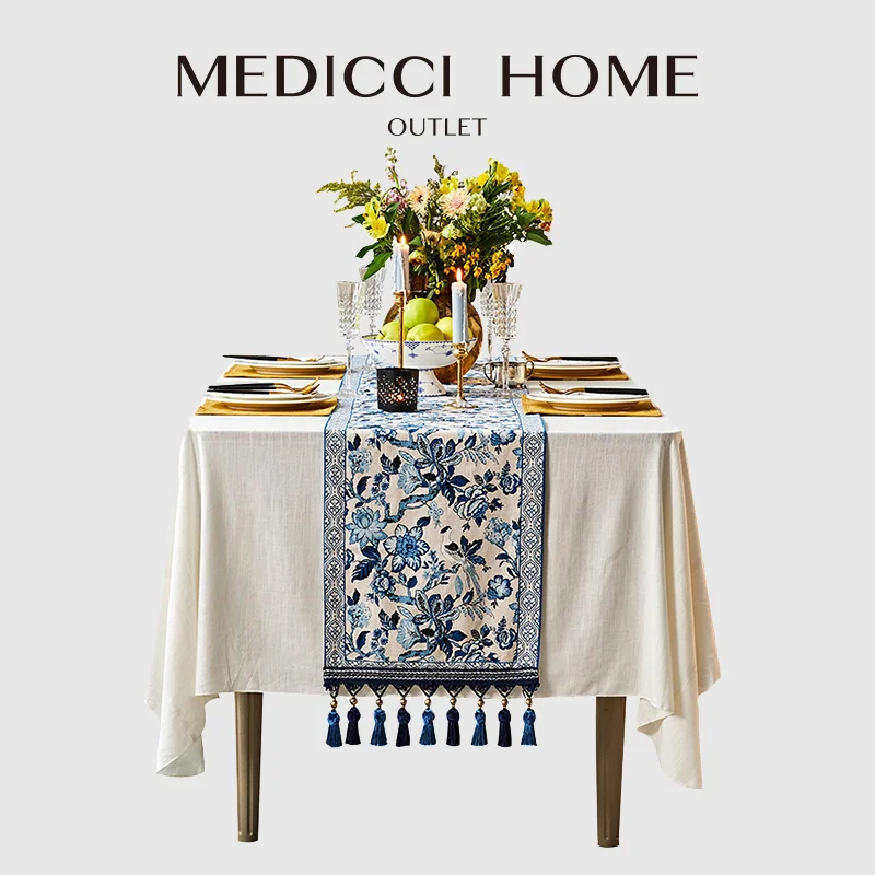 Medicci Home Blue And White Porcelain Floral Dining Table Runner With Tassel Luxe Chinoiserie Vintage Style Coffee Table Dresser