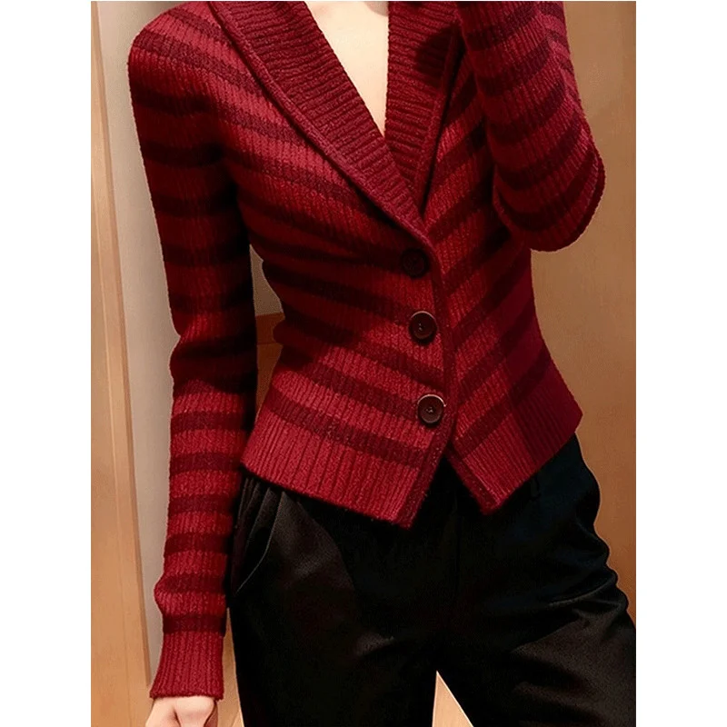 Vintage Women Lapel Striped Knit Cardigan Slim Fit Cropped Long Sleeve Sweater Jacket