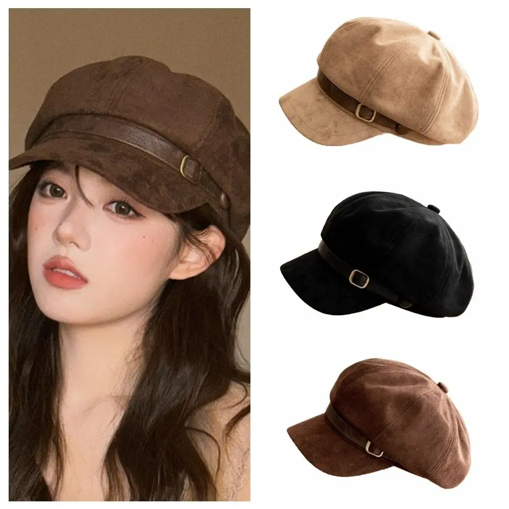 Versatile Warm Suede Berets Windproof Flat Top Newsboy Hat Melard Style Solid Color Women Octagonal Hat Autumn Winter