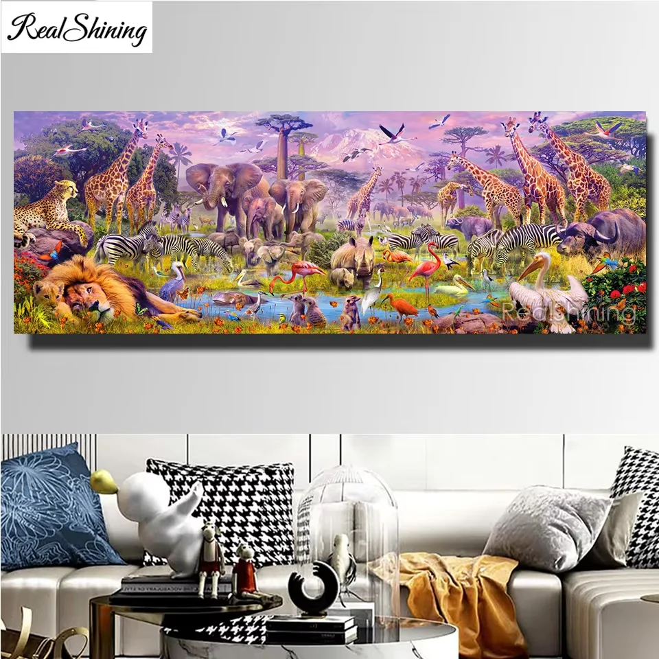 

5D DIY Diamond Painting Wild Animals Paradise Full Diamond Mosaic Lion Tiger Elephant Giraffe Buffalo Large Cross Stitch 300x100