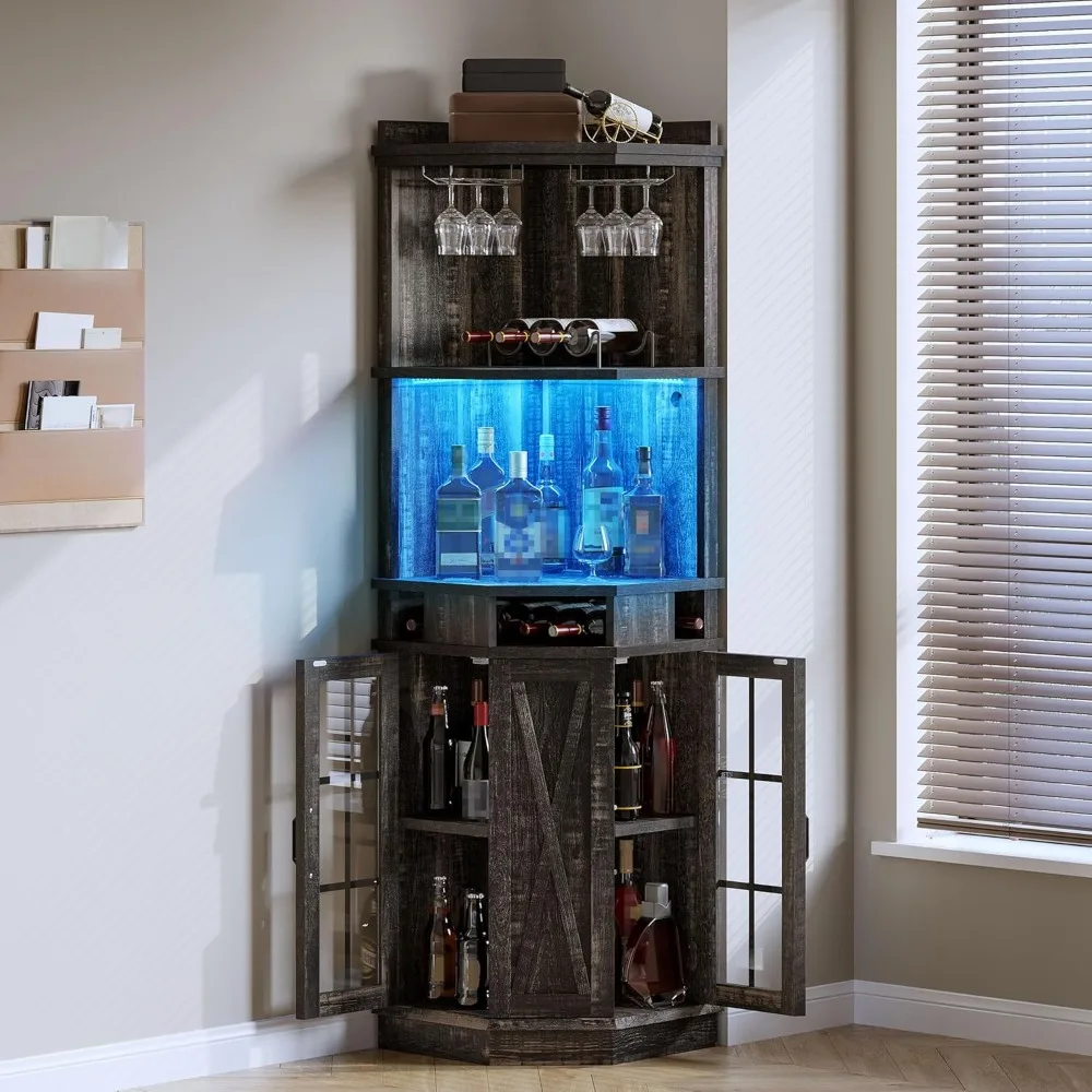72 خزانة بار زاوية للمزرعة مع أضواء LED وباب زجاجي، خزانة مشروبات مع حامل زجاجي، كابينة بار الخمور من 6 طبقات