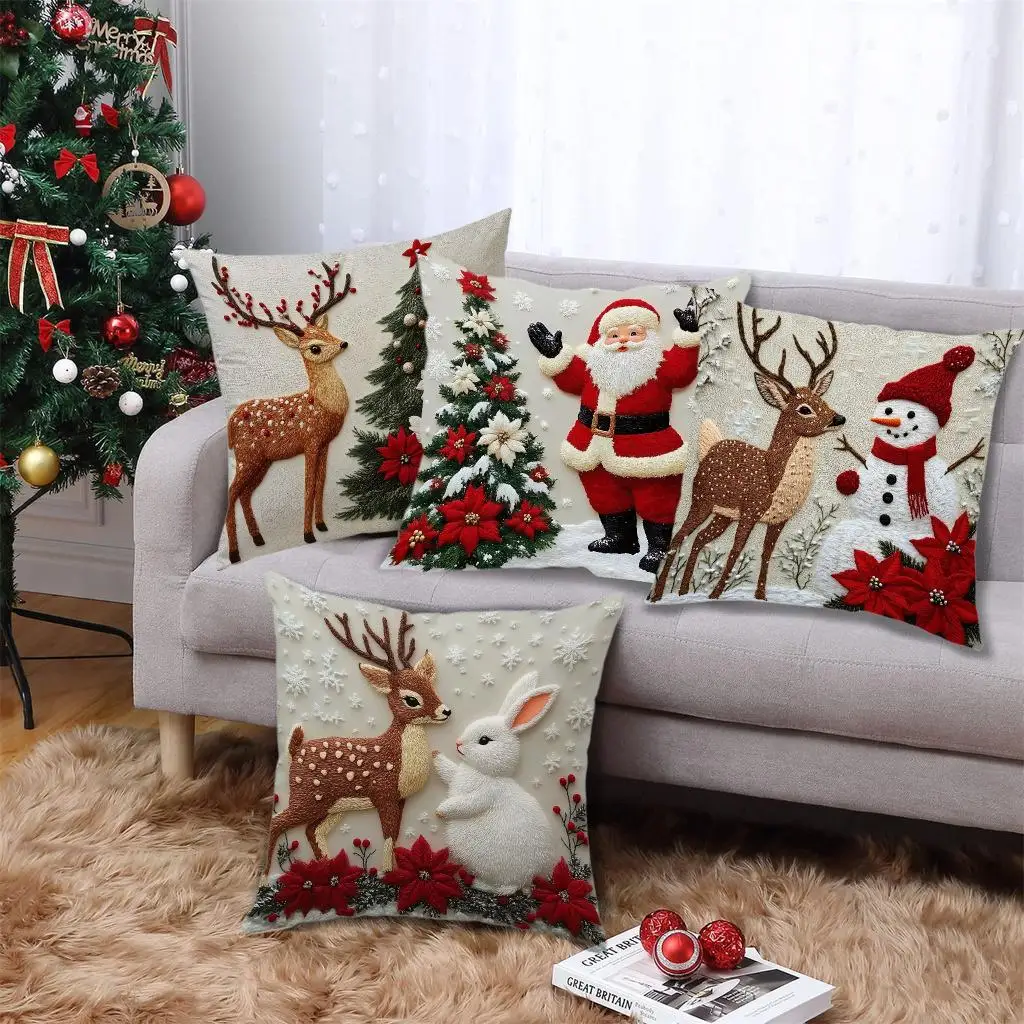 Elegant Christmas Decorative Pillow Cover Cartoon 3D Reindeer Rabbit Print Cushion Case for Sofa Bed Home Holiday Decor