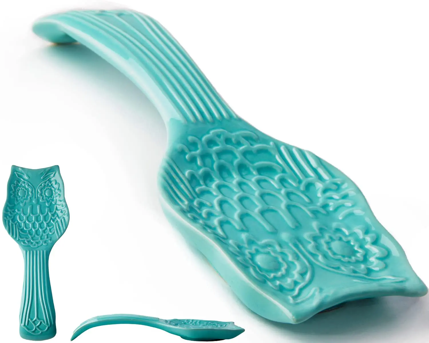 

Decorative Owl Spoon Rest – Modern Farmhouse Utensil Holder for Stove or Countertop – Aqua Blue Ceramic – Dishwasher Safe