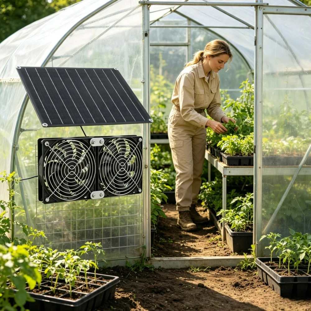 Solar Panel Dual Cooling Fan 15W 20W IPX7 Weather Resistant Low Noise 3200RPM High Airflow Exhaust Vent Fan for Dog Kennel