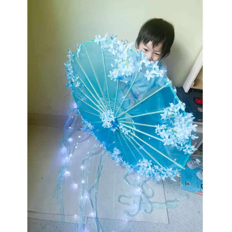 Blue LED Yarn Silk Cloth Decorative Umbrella Beach Parasol Princess Lace Chinese Japan Umbrella Craft Umbrella Party Cosplay