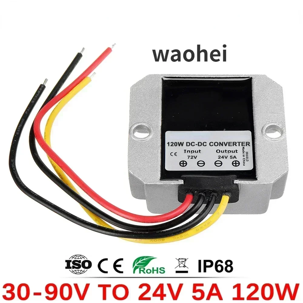30-90V 36V 48V 60V 72V to 24V 5A 120W DC DC Buck Power Converter Voltage Regulator Transformer 24Volt Step-down Car Power Supply