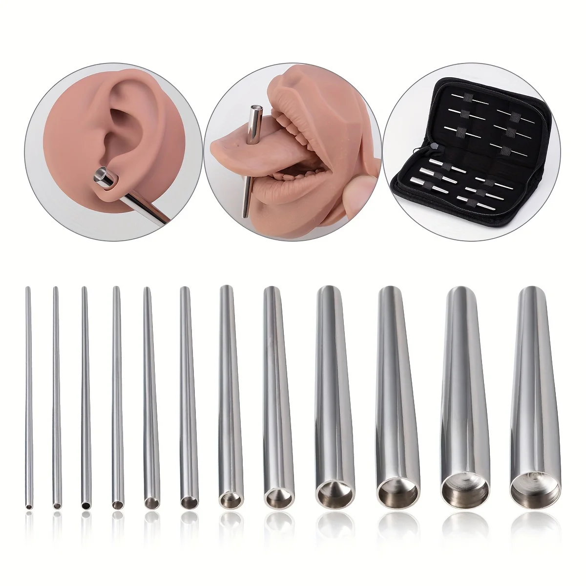 12PCS/Set 316L Steel Insertion Pins Taper Expander Stretching Kit Concave Ear Taper Set Professional Body Piercing Tool