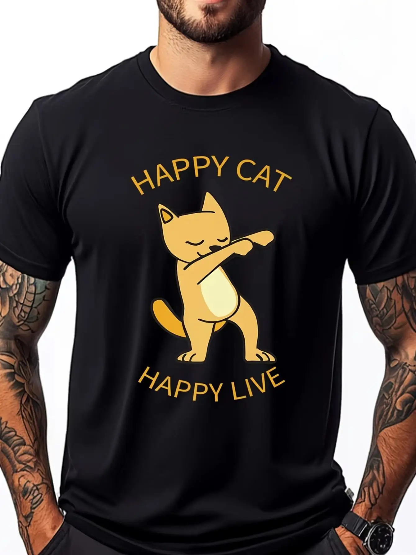 

Футболки с 3D принтом забавного кота, летняя рождественская вечеринка, мужская одежда, женские мужские подарки - черный с желтым текстом «Счастливый кот»