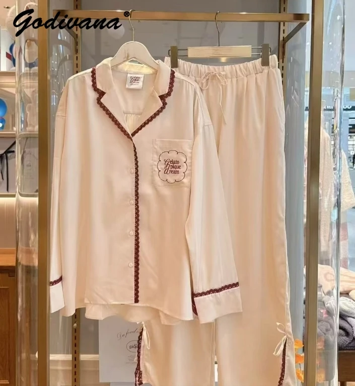 Japanese Style New Women's Glossy Satin Simple Embroidered Sleep Shirts and Pants Casual Pajamas Lace Edge Silky Sleepwear