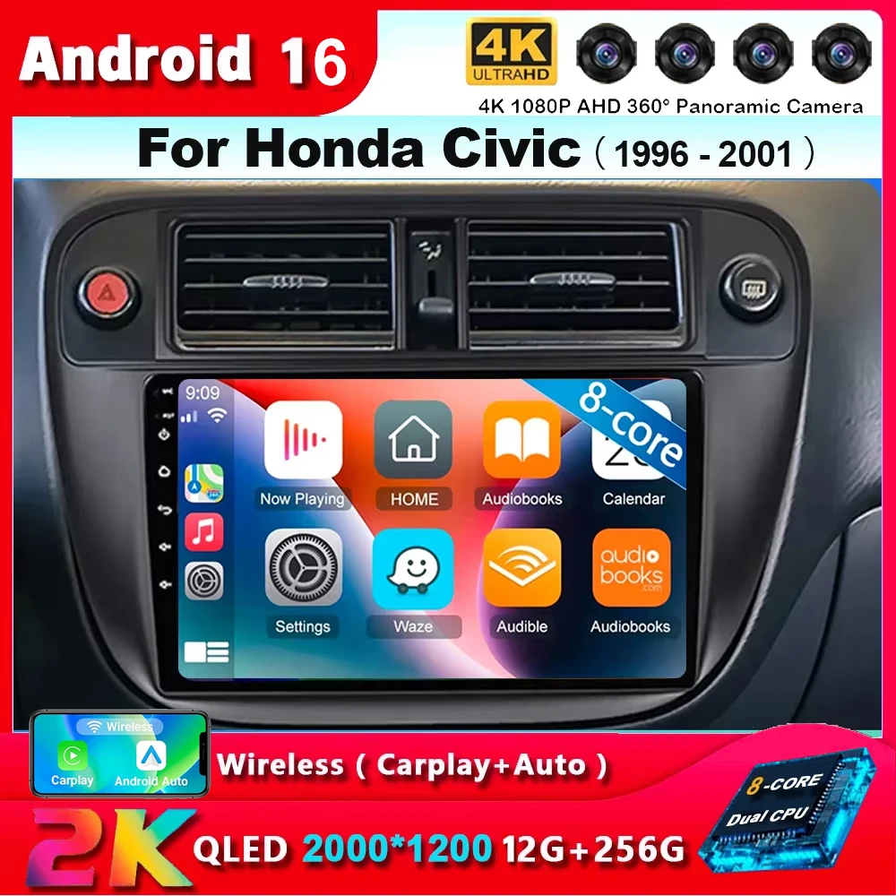 Radio Multimedia para Auto con Android 16 y Carplay para Honda Civic 1996 1997 1998 1999 2000 2001, Reproductor Estéreo 4G 2 Din con Grabadora