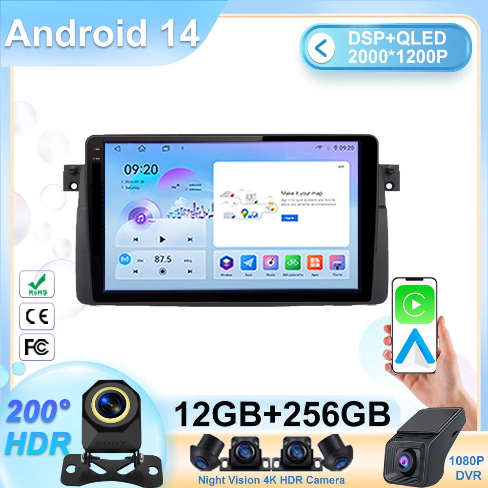 

Android CarPlay Multimedia Video Player For BMW E46 M3 318/320/325/330/335 5G WIFI Auto Radio GPS 2din Head Unit CPU Screen