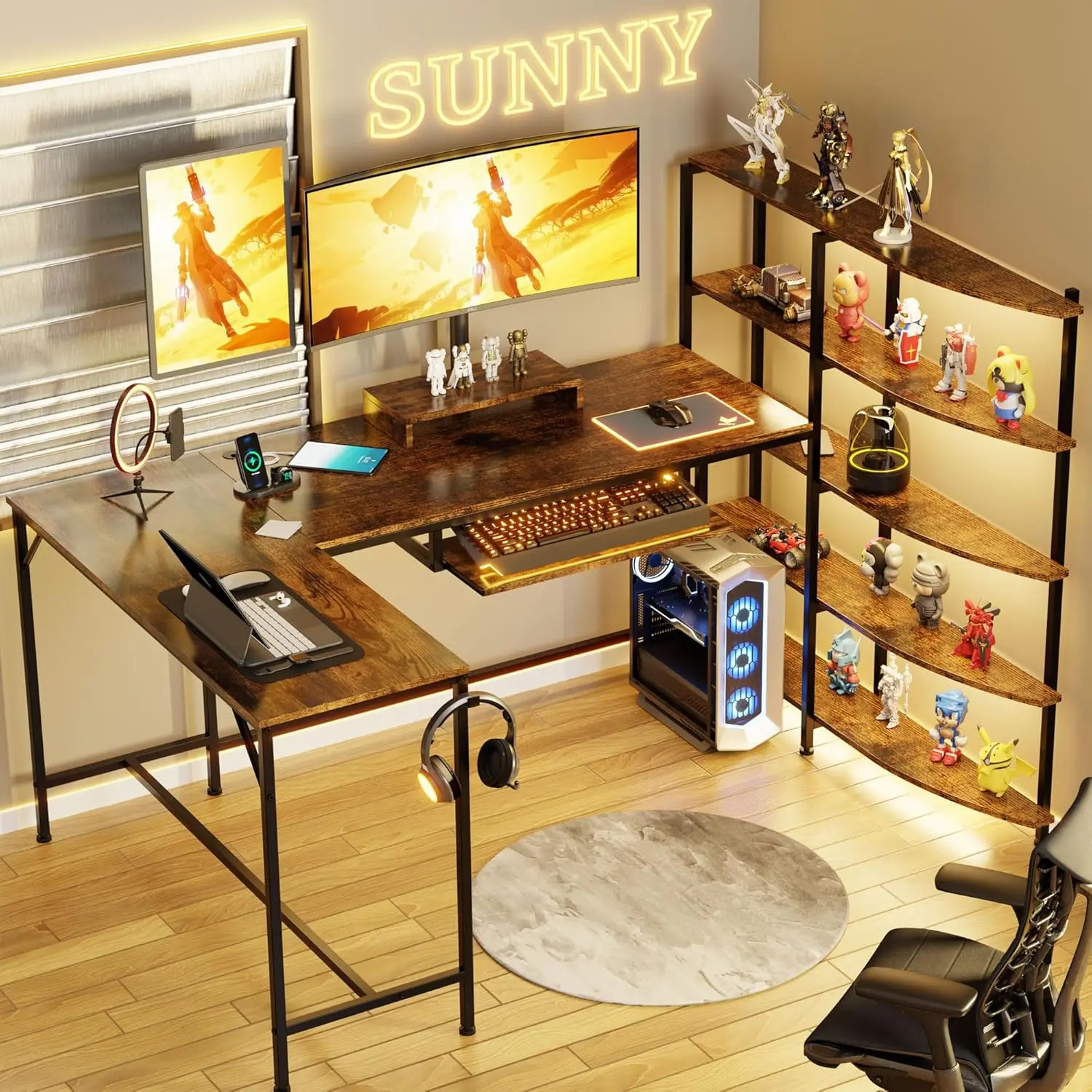 

Home Office Desk, 63 inch Writing & Gaming Workstation with 5 Tire, Simple Assembly, Steel Frame, Rustic Brown