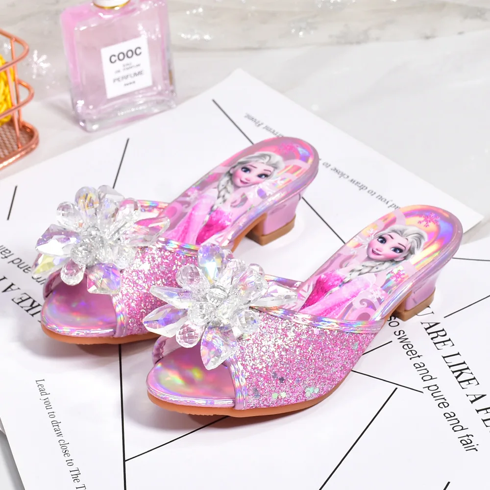 Disney Frozen Princess Elsa Scarpe Pantofole Tacchi alti da ragazza Ciabatte Moda Scarpe di cristallo Sandali estivi per bambini Taglia 26-37