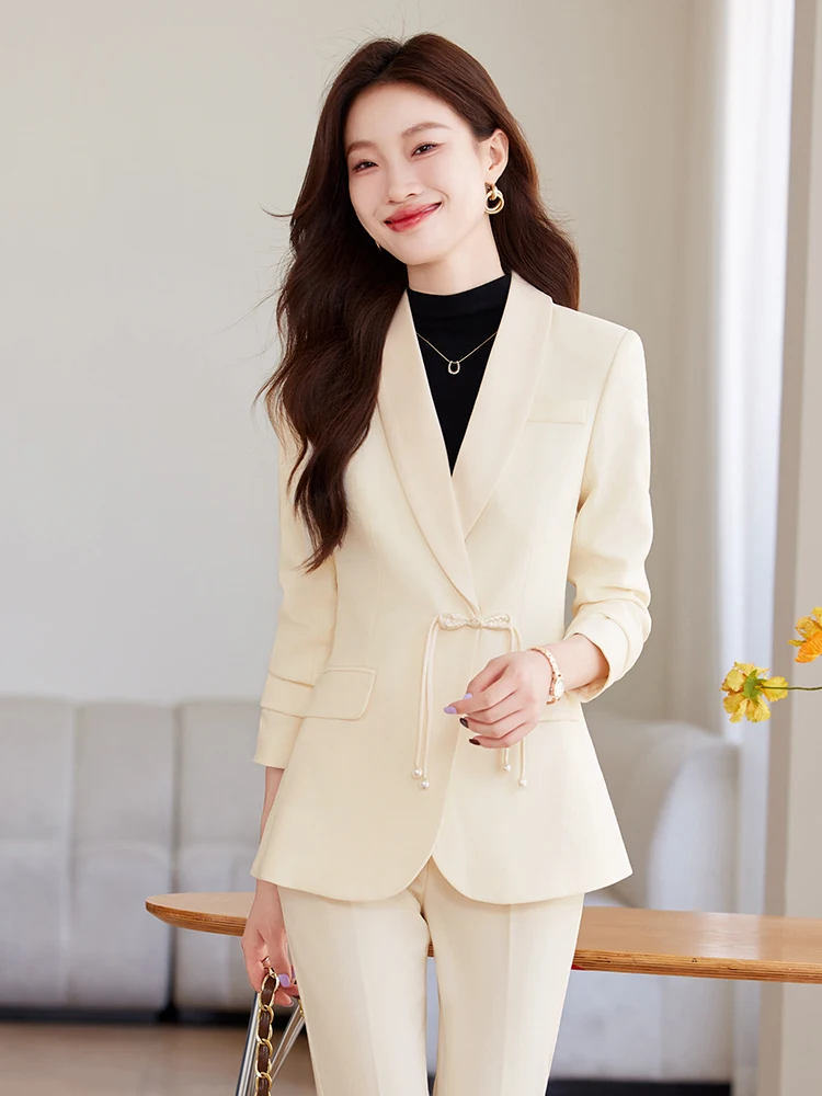 New Chinese Style Button up Suit Jacket Women's Spring Autumn Commute Micro Flare Pants Professional Outfit Polyester Blend